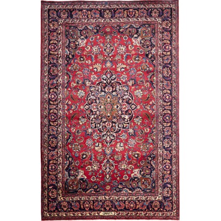 Tappeto Mashad Persia Medaglione Rosso Blu Scuro 204x325 Cm