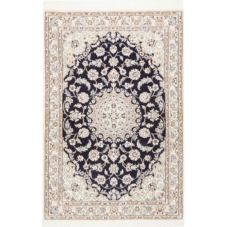 Tappeto Nain 9la Persia Medaglione Blu Notte Crema 98x150 Cm