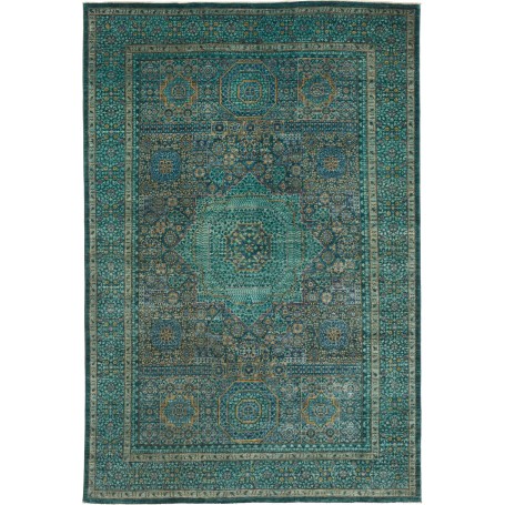 Tappeto Mamlouk Pakistan Medaglione Verde Petrolio Oro Antic