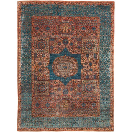 Tappeto Mamlouk Pakistan Geometrico Blu Petrolio Terracotta