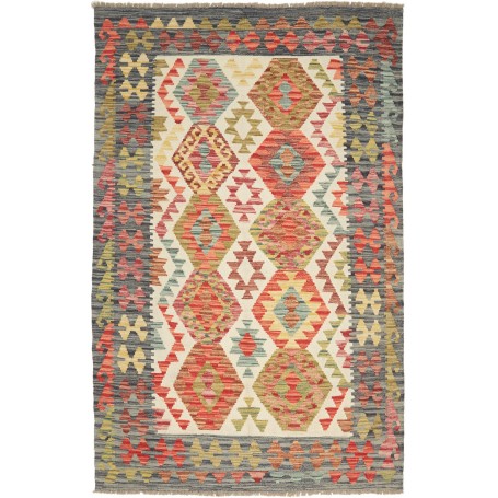 Tappeto Kilim Afghanistan Geometrico Crema Rosso 124x195 Cm