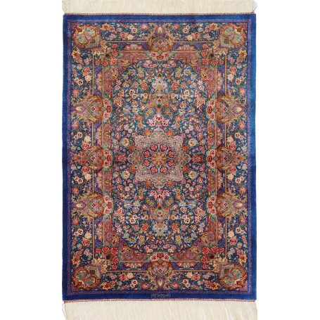 Tappeto Ghom Seta Persia Medaglione Blu Petrolio Rosso 80x11