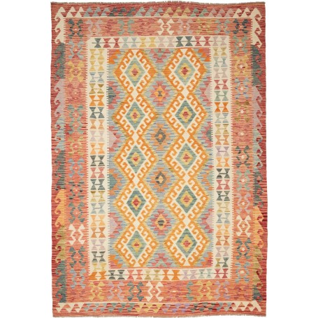 Tappeto Kilim Afghanistan Astratto Terracotta Azzurro 203x29