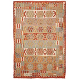 Tappeto Kilim Afghanistan Astratto Terracotta Blu 199x294 Cm