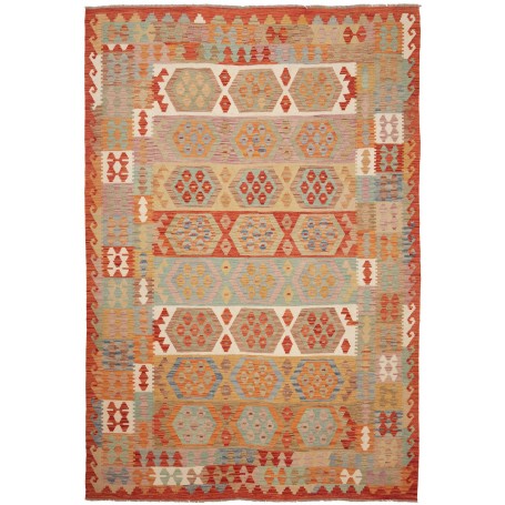 Tappeto Kilim Afghanistan Astratto Terracotta Blu 199x294 Cm