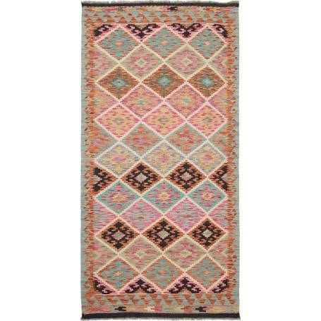 Tappeto Kilim Afghanistan Astratto Rosa Turchese 103x202 Cm