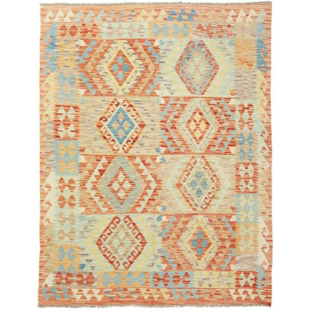 Tappeto Kilim Afghanistan Geometrico Arancio Azzurro 149x196