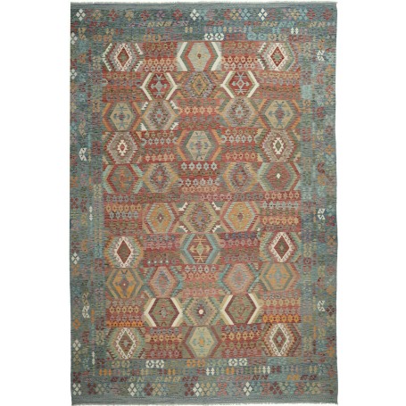 Tappeto Kilim Afghanistan Geometrico Azzurro Terracotta 402x