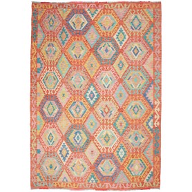 Tappeto Kilim Afghanistan Geometrico Terracotta Azzurro 208x