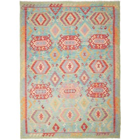 Tappeto Kilim Afghanistan Geometrico Turchese Rosso 205x282