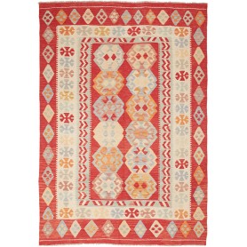 Tappeto Kilim Afghanistan Geometrico Rosso Crema 170x242 Cm