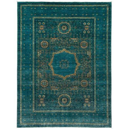 Tappeto Mamlouk Pakistan Medaglione Blu Petrolio Oro Antico