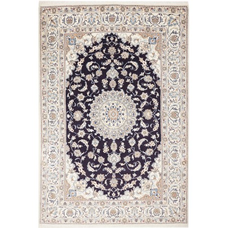 Tappeto Nain Kashmar Persia Medaglione Blu Scuro Crema 196x2