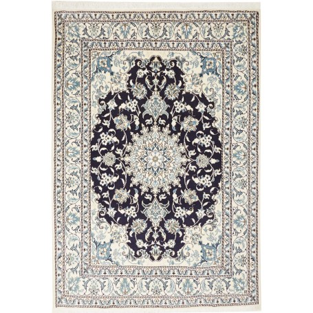 Tappeto Nain Kashmar Persia Medaglione Blu Scuro Crema 150x2