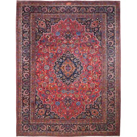 Tappeto Mashad Persia Medaglione Rosso Blu Scuro 302x384 Cm