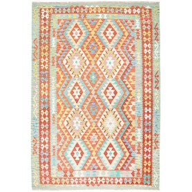 Tappeto Kilim Afghanistan Geometrico Terracotta Azzurro 205x