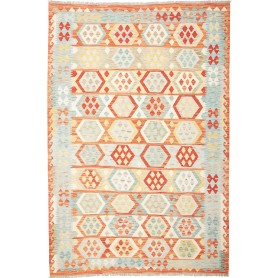 Tappeto Kilim Afghanistan Geometrico Arancio Azzurro 197x291