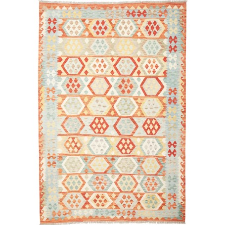 Tappeto Kilim Afghanistan Geometrico Arancio Azzurro 197x291