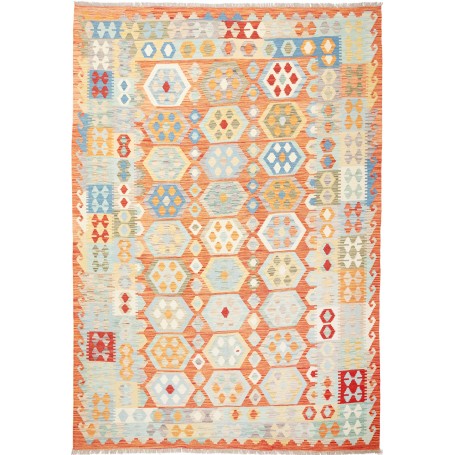 Tappeto Kilim Afghanistan Geometrico Terracotta Azzurro 205x