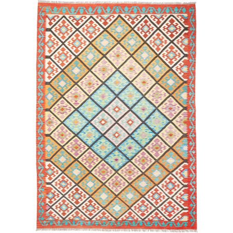 Tappeto Kilim Afghanistan Geometrico Arancio Azzurro 208x293