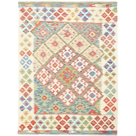 Tappeto Kilim Afghanistan Geometrico Crema Rosso 132x178 Cm