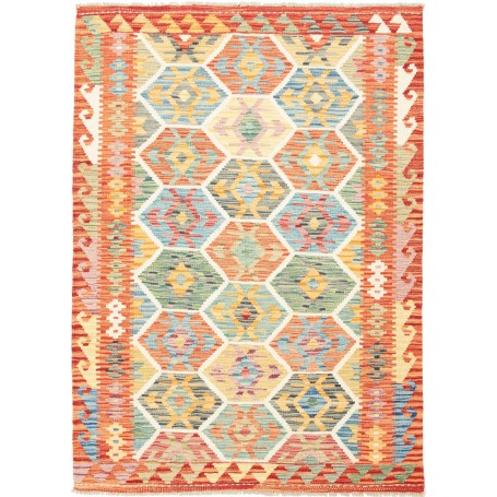 Tappeto Kilim Afghanistan Geometrico Arancio Blu 126x176 Cm