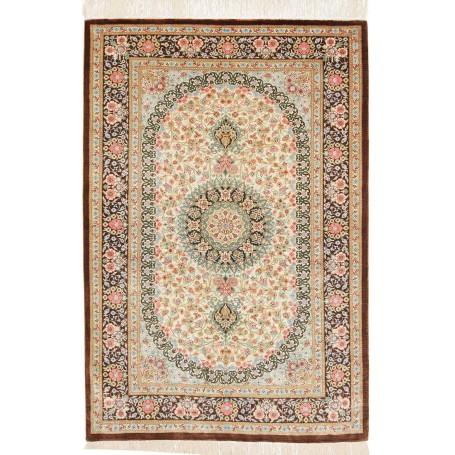 Tappeto Ghom Seta Persia Medaglione Avorio Marrone 78x117 Cm