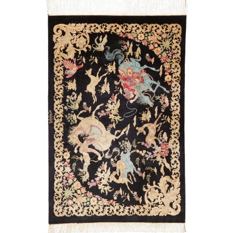 Tappeto Ghom Seta Persia Floreale Nero Oro 60x91 Cm