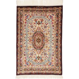 Tappeto Ghom Seta Persia Medaglione Avorio Bordeaux 61x90 Cm