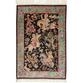 Tappeto Ghom Seta Persia Floreale Nero Turchese 62x90 Cm