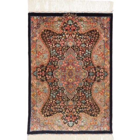 Tappeto Ghom Seta Persia Medaglione Nero Policromo 60x87 Cm