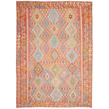 Tappeto Kilim Afghanistan Geometrico Salmone Azzurro 204x288