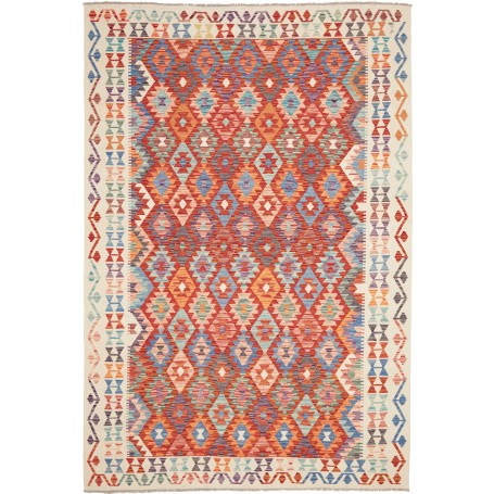 Tappeto Kilim Afghanistan Geometrico Terracotta Blu 204x300