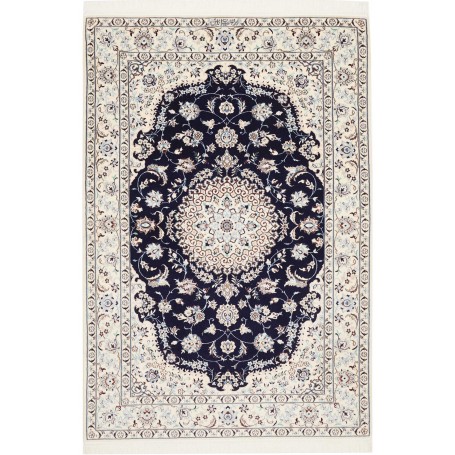 Tappeto Nain 6la Persia Medaglione Blu Notte Avorio 124x182