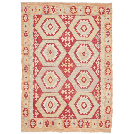 Tappeto Kilim Afghanistan Geometrico Rosso Crema 142x200 Cm