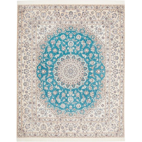 Tappeto Nain 6la Persia Medaglione Avorio Turchese Blu 207x2