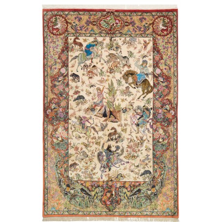 Tappeto Ghom Seta Persia Floreale Crema Rosso 130x197 Cm