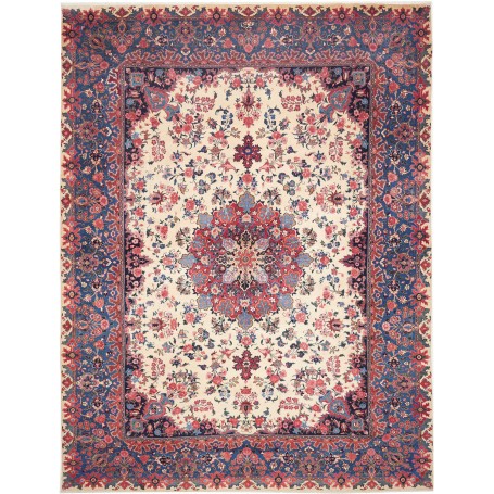 Tappeto Mashad Persia Medaglione Avorio Blu 305x408 Cm