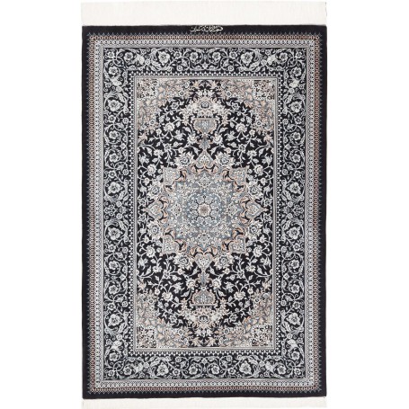 Tappeto Ghom Seta Persia Medaglione Nero Bianco 80x121 Cm