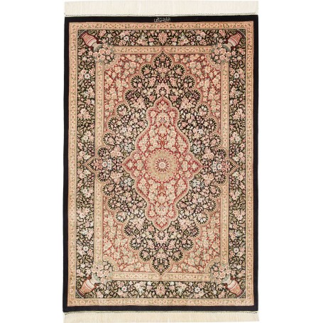 Tappeto Ghom Seta Persia Medaglione Nero Rosso 98x148 Cm
