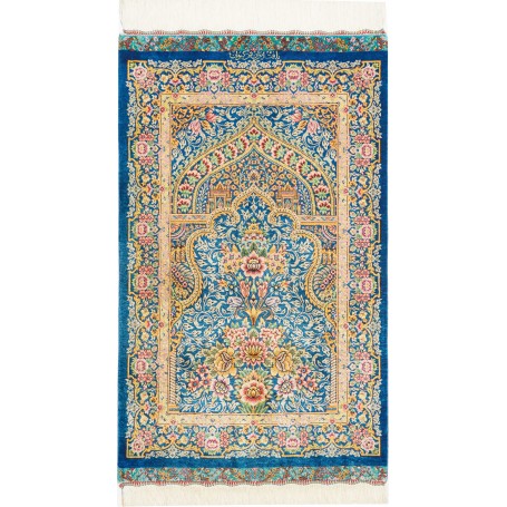 Tappeto Ghom Seta Persia Floreale Blu Crema 59x97 Cm