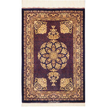 Tappeto Ghom Seta Persia Floreale Blu Notte Oro 61x90 cm