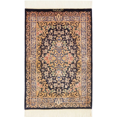 Tappeto Ghom Seta Persia Floreale Blu Notte Oro Antico 60x90