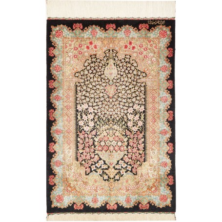 Tappeto Ghom Seta Persia Floreale Nero Rosa 60x89 cm
