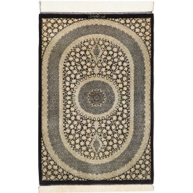 Tappeto Ghom Seta Persia Medaglione Nero Crema 61x91 cm