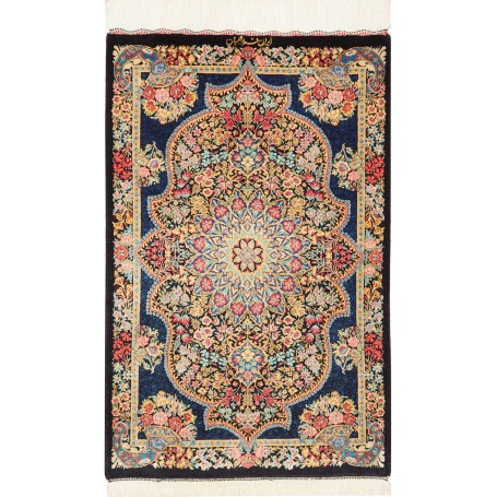 Tappeto Ghom Seta Persia Floreale Blu Notte Oro 58x89 cm