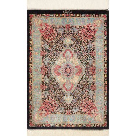 Tappeto Ghom Seta Persia Floreale Nero Turchese 63x93 cm