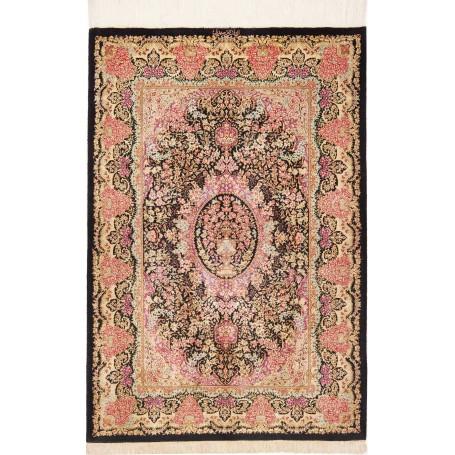 Tappeto Ghom Seta Persia Floreale Nero Rosa 79x120 cm