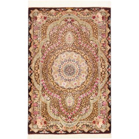 Tappeto Ghom Seta Persia Floreale Marrone Scuro Oro Crema 79