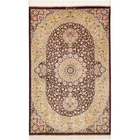 Tappeto Ghom Seta Persia Medaglione Bordeaux Giallo Tenue 79